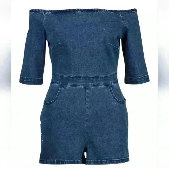 NWT Boohoo Women's Burney Bardot Shoulder Denim Playsuit Romper - Picture 4 of 14